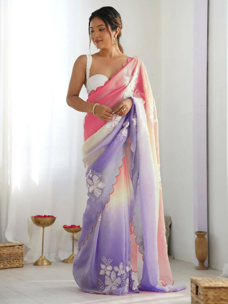 Peach Lavender Gold Crush Embroidered Saree with Roto Banglori Blouse