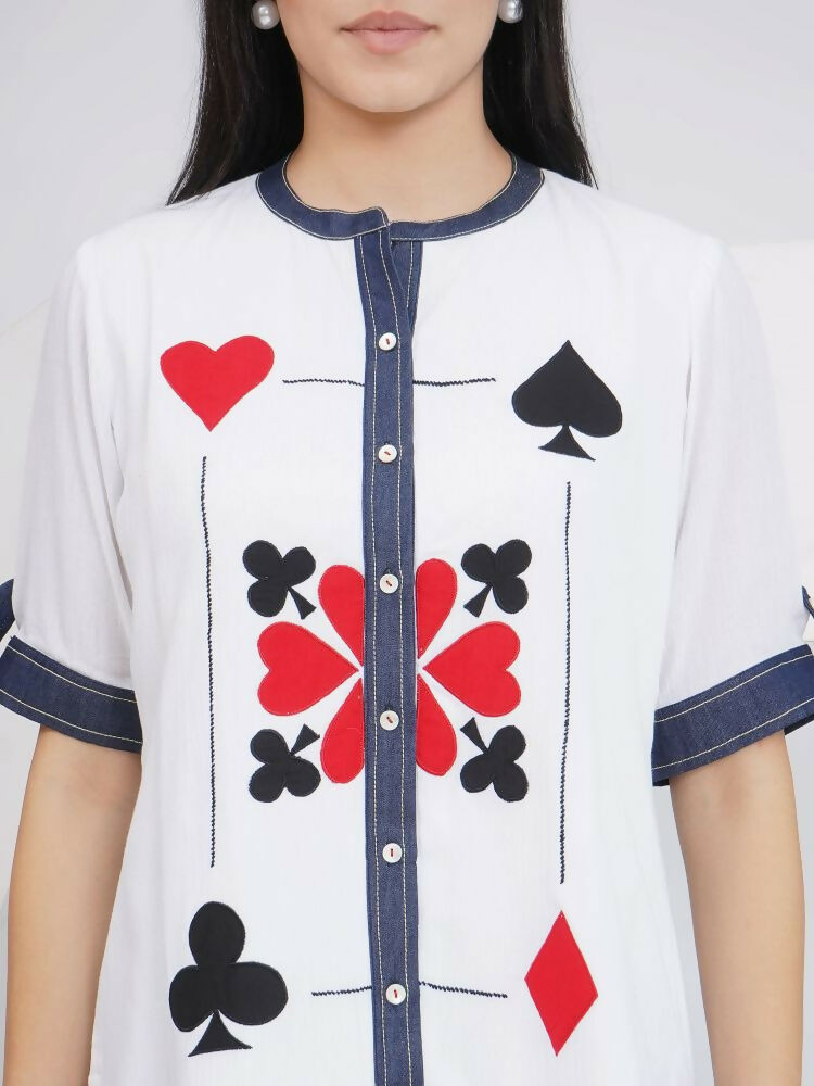 Joban Fashion White Rayon Crepe Applique Embroidered Shirt with Afghani Pants