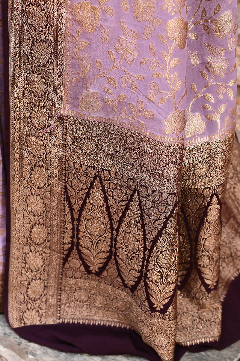 Nude Pink Crepe Chiffon Pure Handloom Banarasi Silk Saree