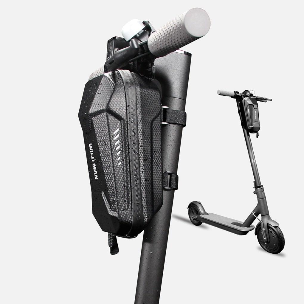 Minimalist black waterproof EVA hard shell scooter storage bag with reflective white detailing mounted on handlebars.