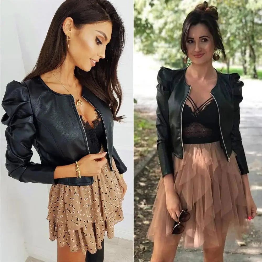Women's Faux Leather Moto Jacket with Adjustable Belt and Zippers