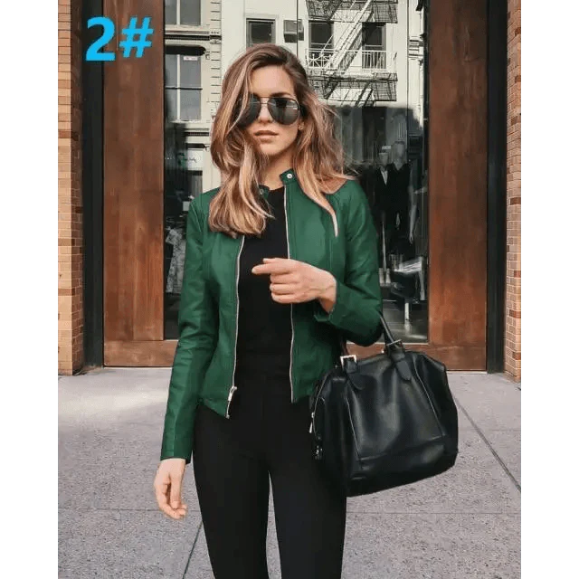 Women's Faux Leather Moto Jacket with Adjustable Belt and Zippers