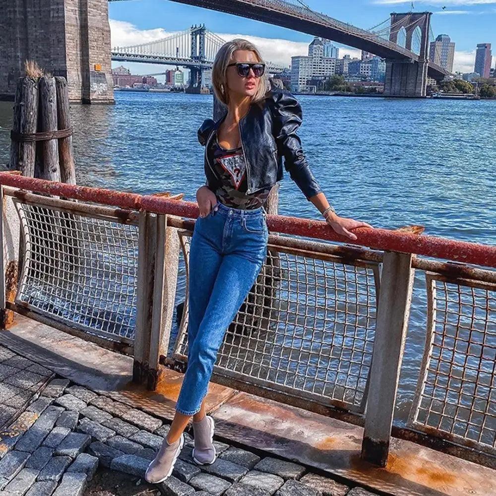 Women's Faux Leather Moto Jacket with Adjustable Belt and Zippers
