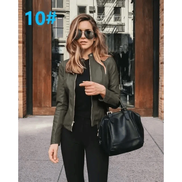 Women's Faux Leather Moto Jacket with Adjustable Belt and Zippers