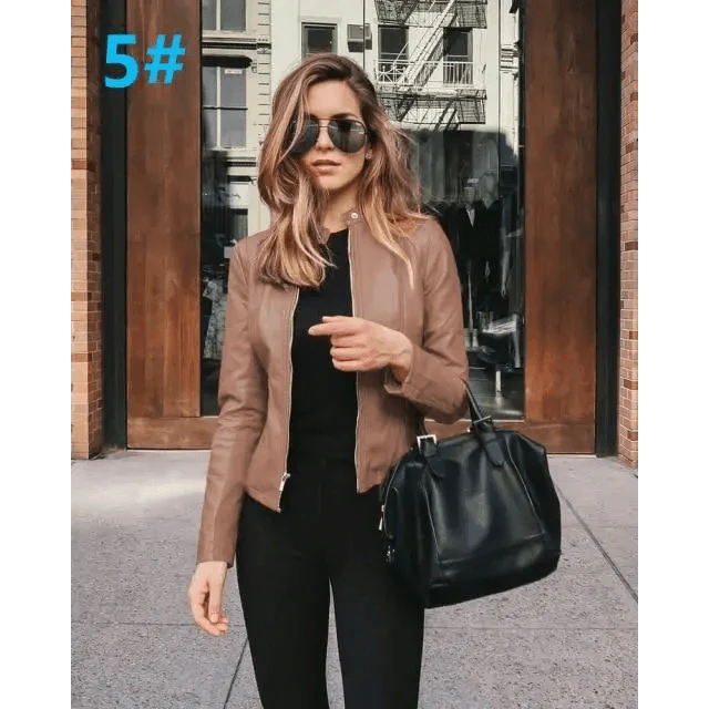 Women's Faux Leather Moto Jacket with Adjustable Belt and Zippers
