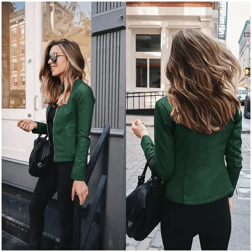 Women's Faux Leather Moto Jacket with Adjustable Belt and Zippers