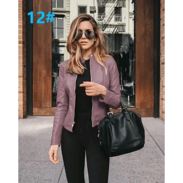 Women's Faux Leather Moto Jacket with Adjustable Belt and Zippers