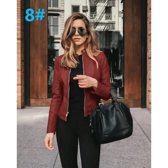 Women's Faux Leather Moto Jacket with Adjustable Belt and Zippers