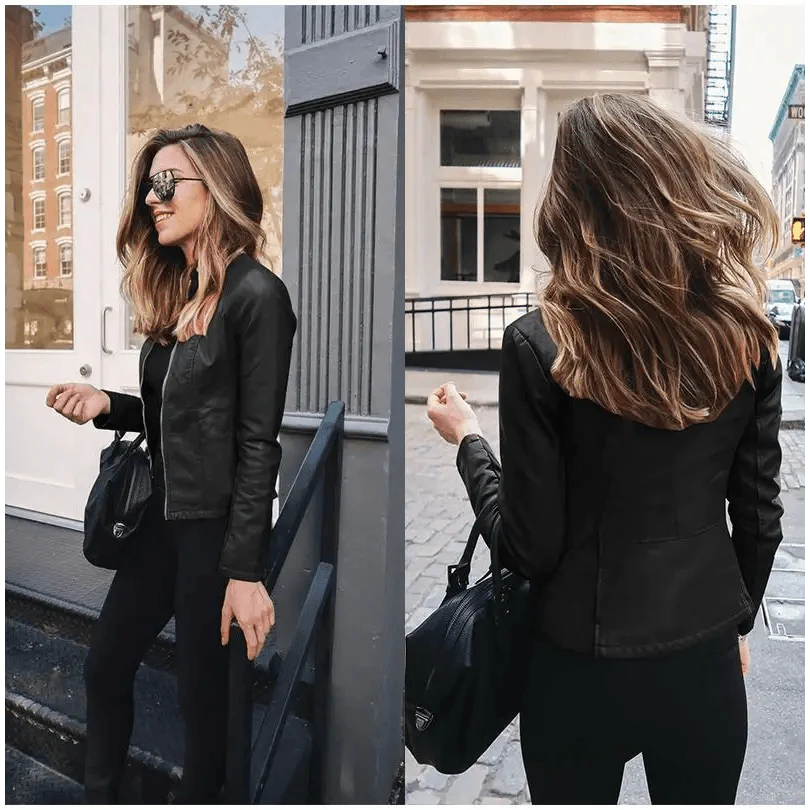 Women's Faux Leather Moto Jacket with Adjustable Belt and Zippers