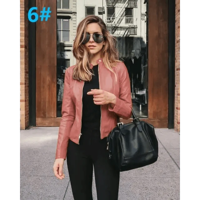 Women's Faux Leather Moto Jacket with Adjustable Belt and Zippers