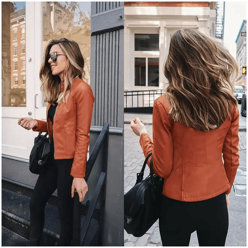 Women's Faux Leather Moto Jacket with Adjustable Belt and Zippers