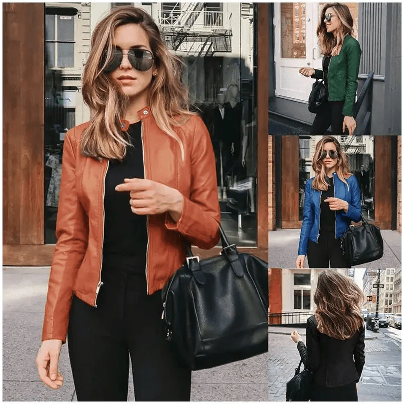 Women's Faux Leather Moto Jacket with Adjustable Belt and Zippers