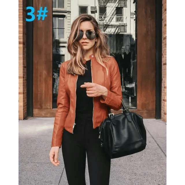 Women's Faux Leather Moto Jacket with Adjustable Belt and Zippers