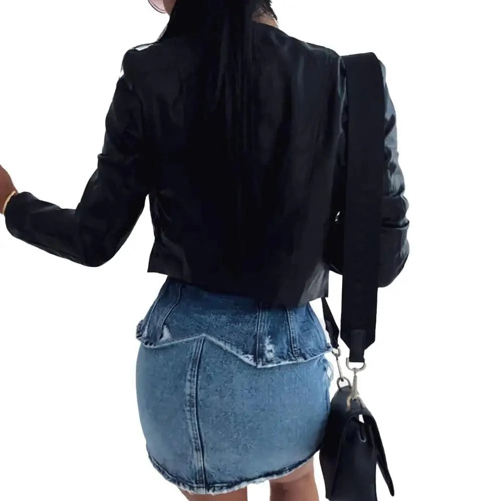 Women's Faux Leather Moto Jacket with Adjustable Belt and Zippers