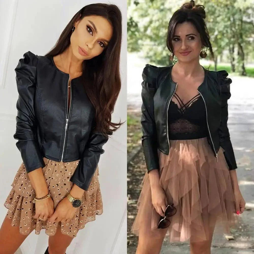 Women's Faux Leather Moto Jacket with Adjustable Belt and Zippers