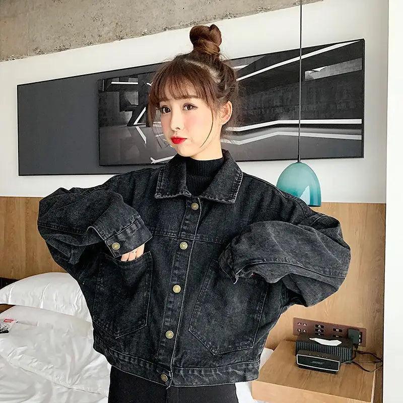 Black Denim Short Jacket Button Up Retro Loose Streetwear