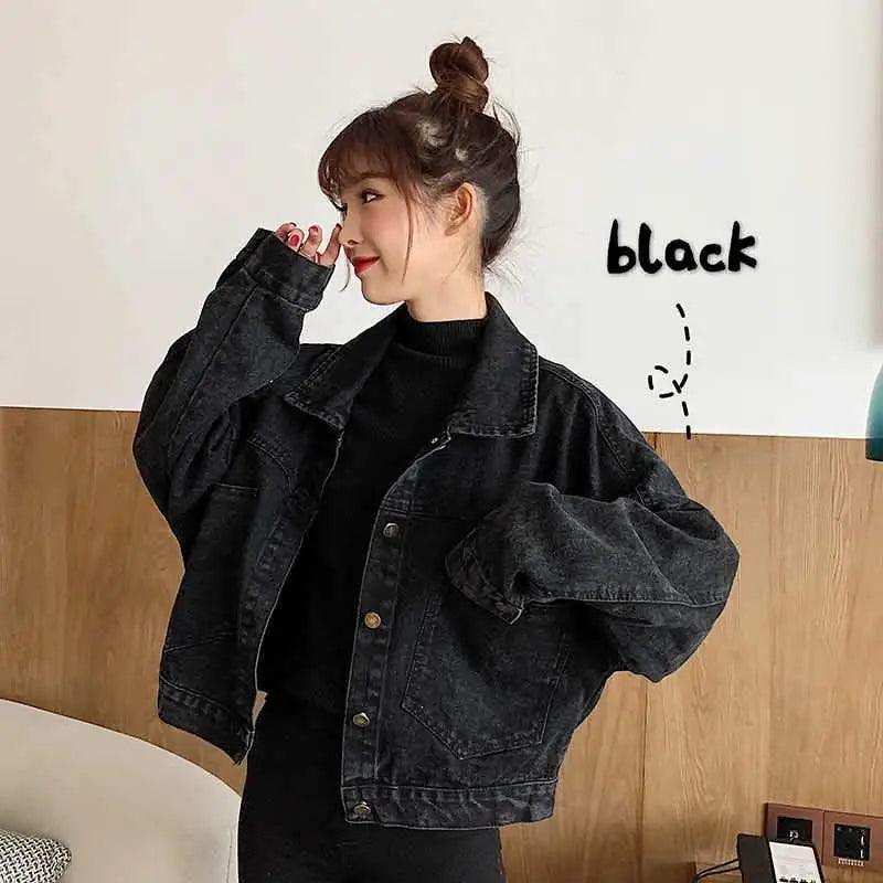 Black Denim Short Jacket Button Up Retro Loose Streetwear