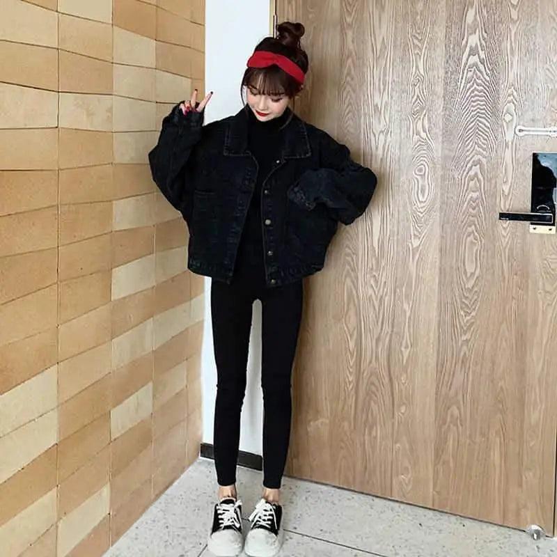 Black Denim Short Jacket Button Up Retro Loose Streetwear