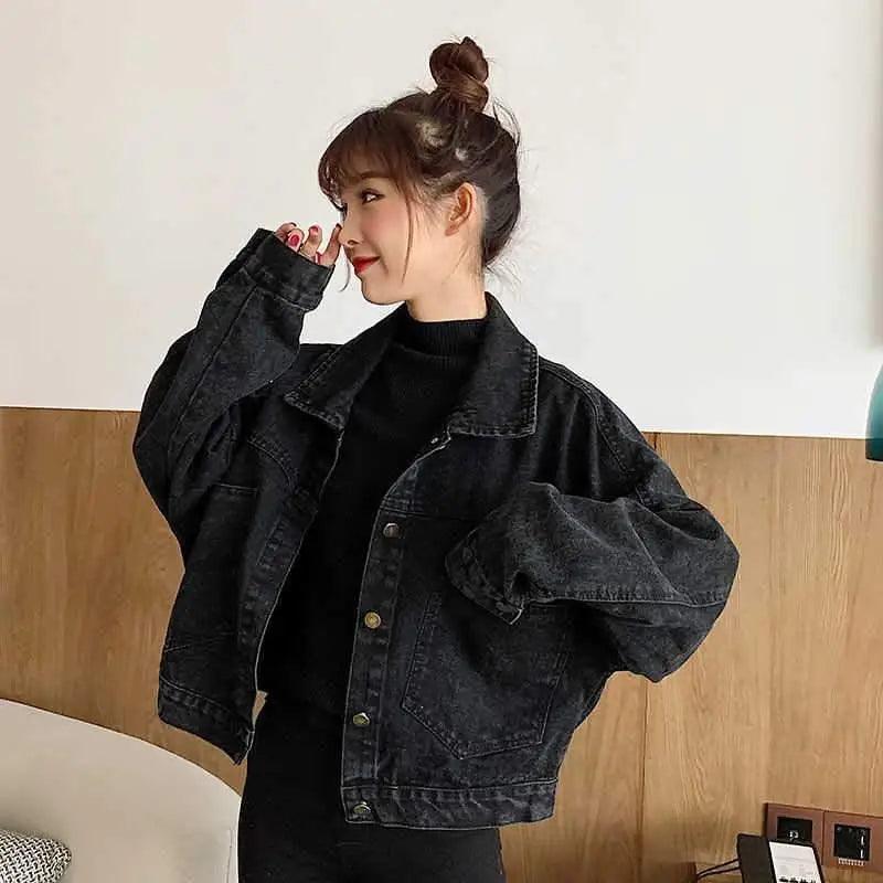 Black Denim Short Jacket Button Up Retro Loose Streetwear