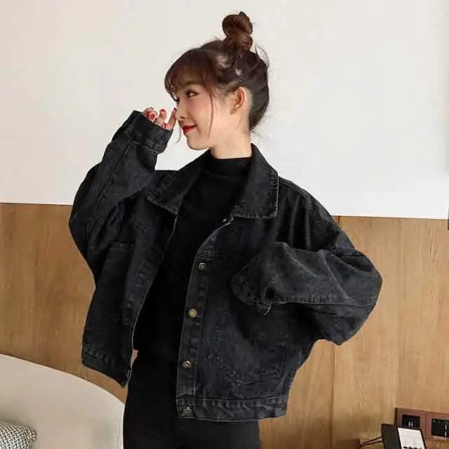 Black Denim Short Jacket Button Up Retro Loose Streetwear