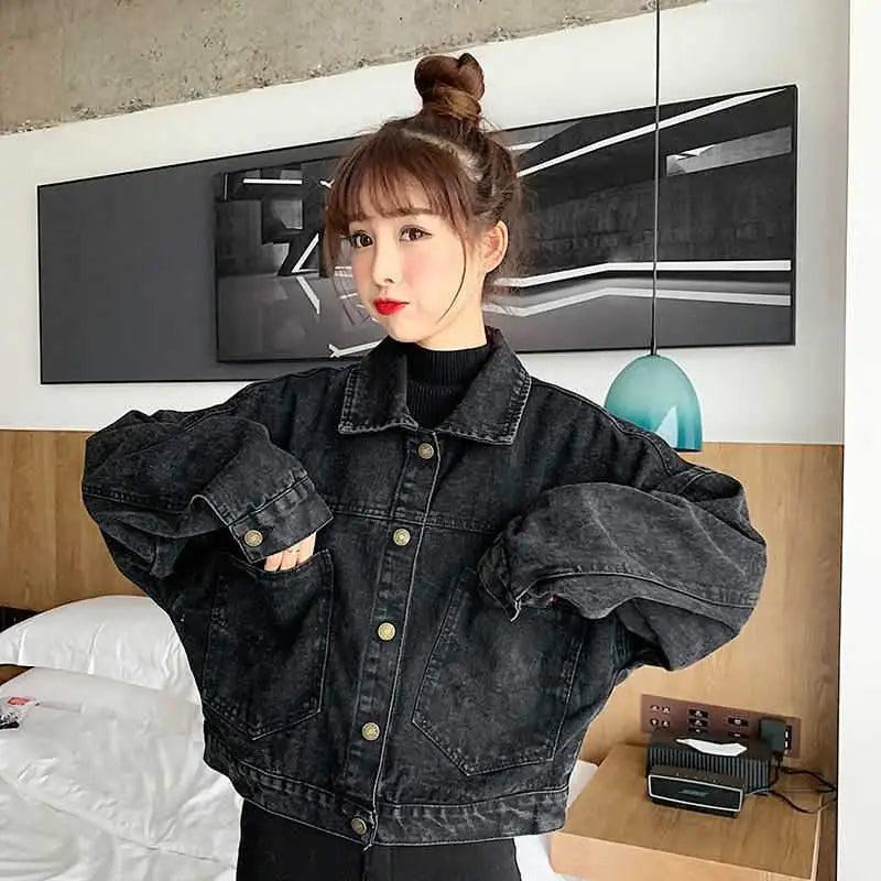 Black Denim Short Jacket Button Up Retro Loose Streetwear