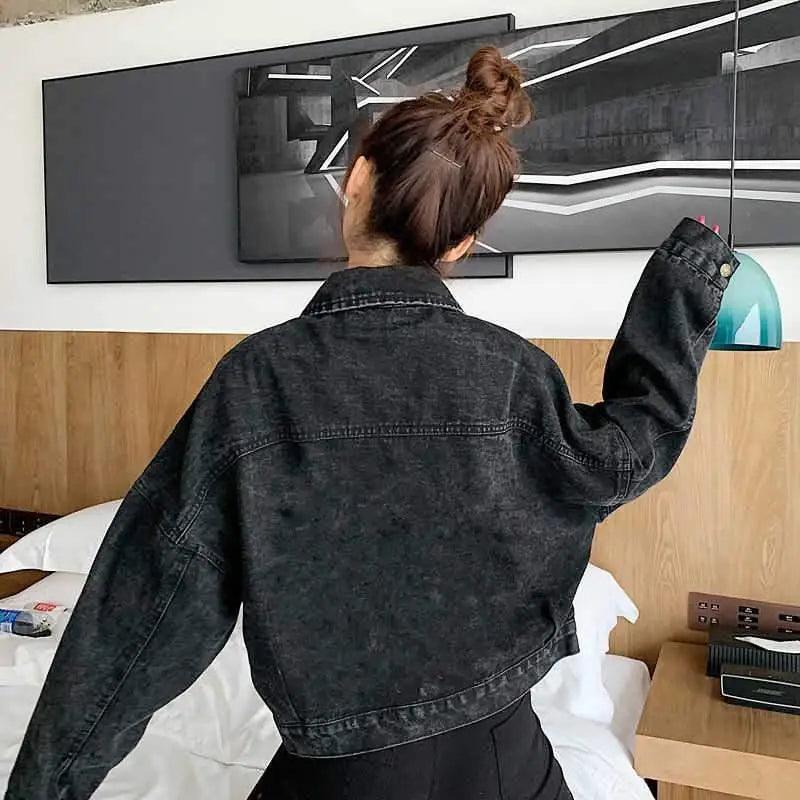 Black Denim Short Jacket Button Up Retro Loose Streetwear