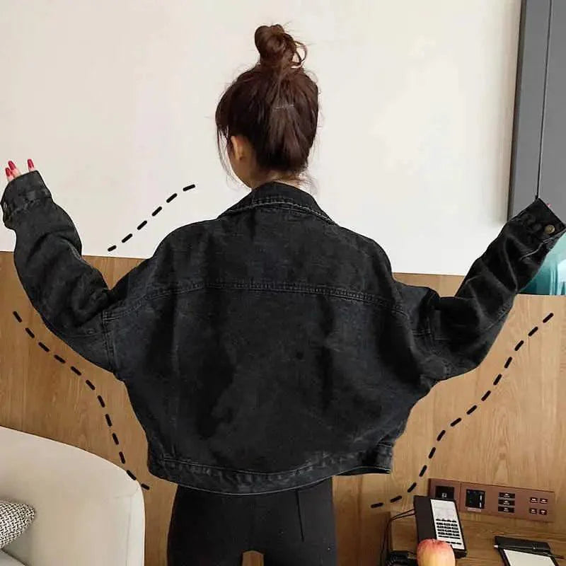 Black Denim Short Jacket Button Up Retro Loose Streetwear