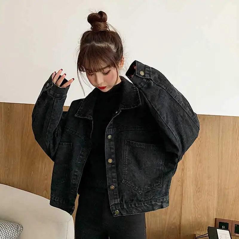 Black Denim Short Jacket Button Up Retro Loose Streetwear