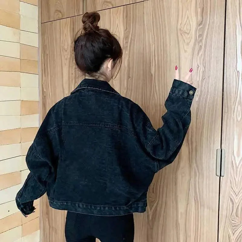 Black Denim Short Jacket Button Up Retro Loose Streetwear