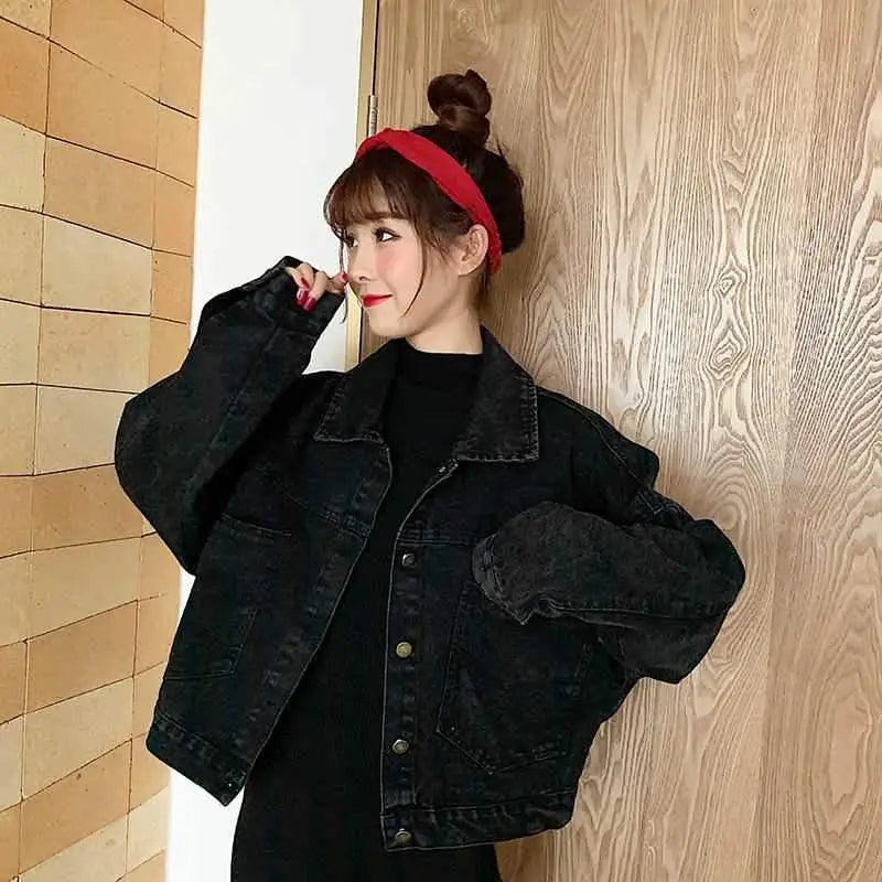 Black Denim Short Jacket Button Up Retro Loose Streetwear