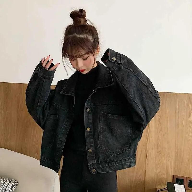 Black Denim Short Jacket Button Up Retro Loose Streetwear