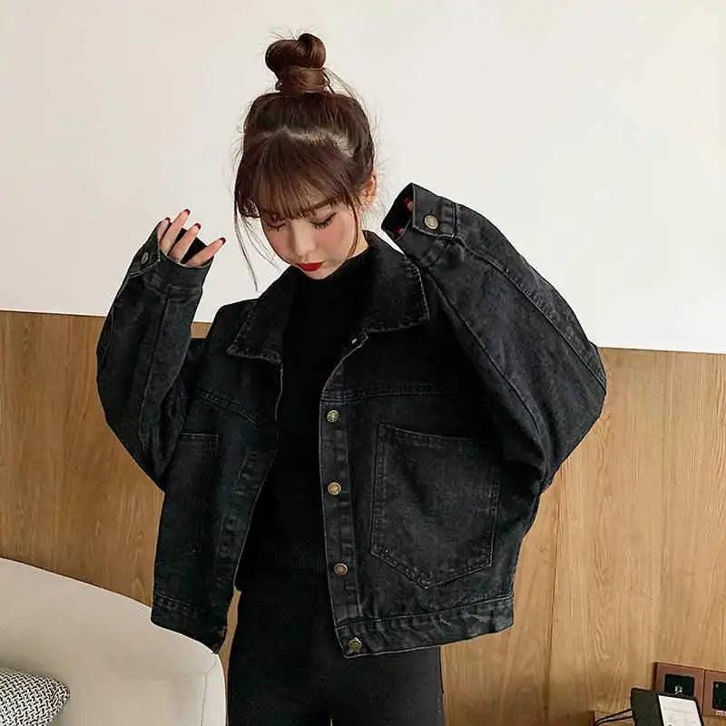Black Denim Short Jacket Button Up Retro Loose Streetwear