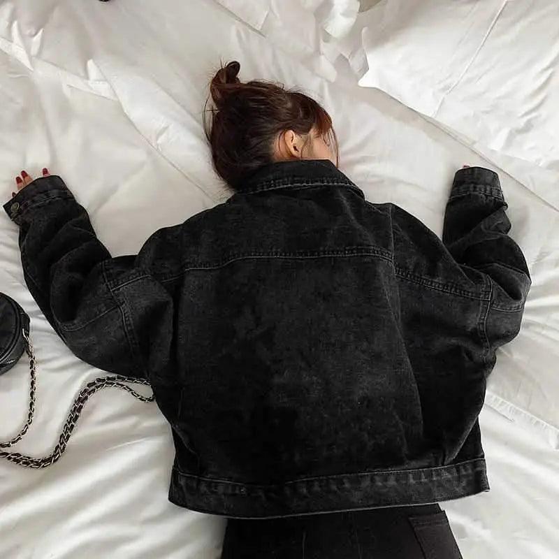 Black Denim Short Jacket Button Up Retro Loose Streetwear