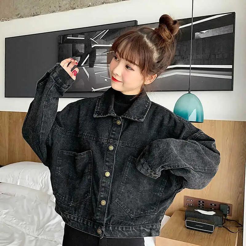Black Denim Short Jacket Button Up Retro Loose Streetwear