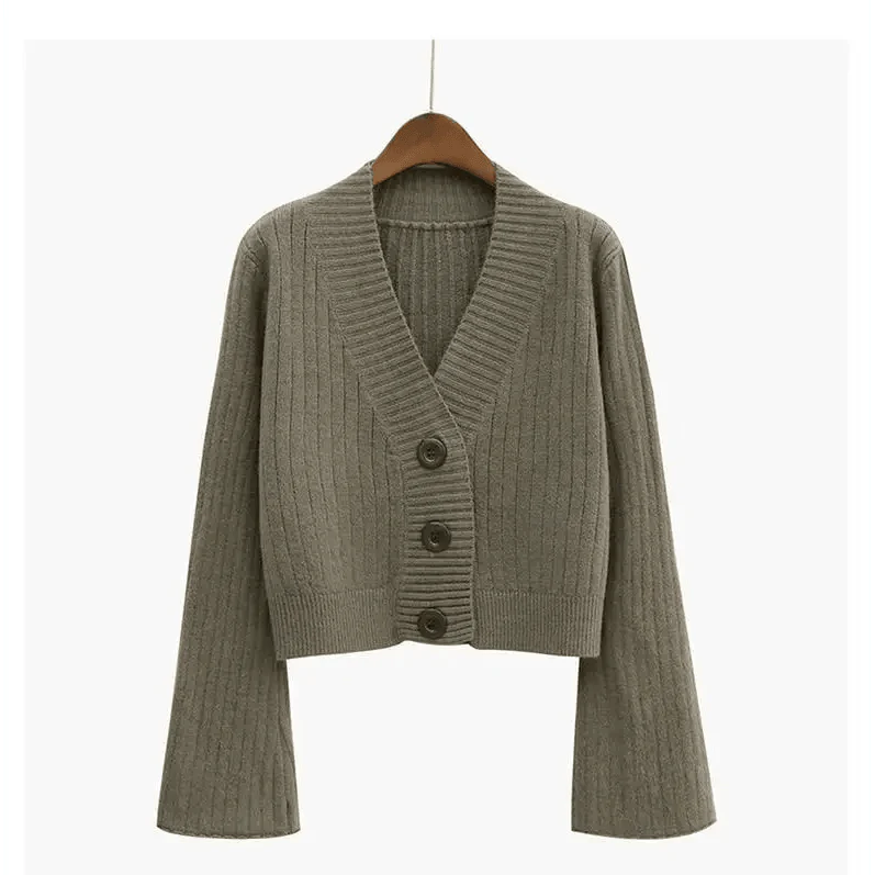 Women's Ribbed Knit Cardigan with Long Flare Sleeves, Black/White