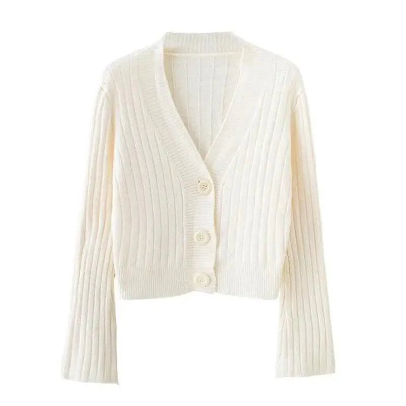 Women's Ribbed Knit Cardigan with Long Flare Sleeves, Black/White