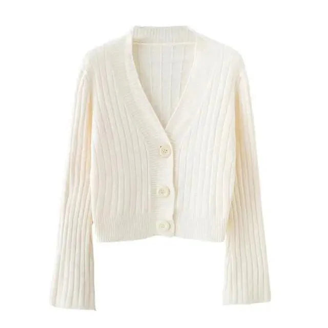 Women's Ribbed Knit Cardigan with Long Flare Sleeves, Black/White