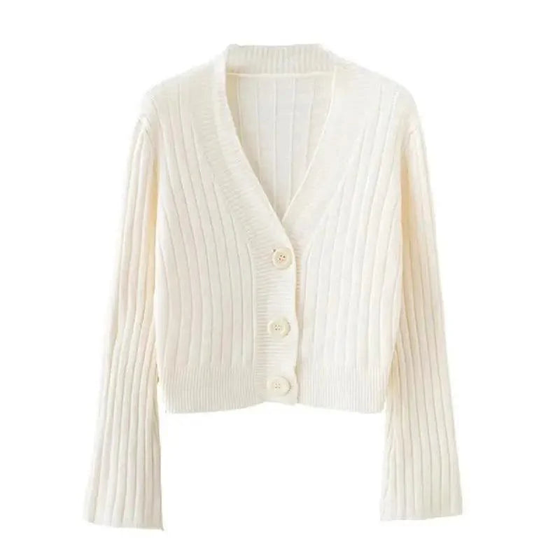 Women's Ribbed Knit Cardigan with Long Flare Sleeves, Black/White