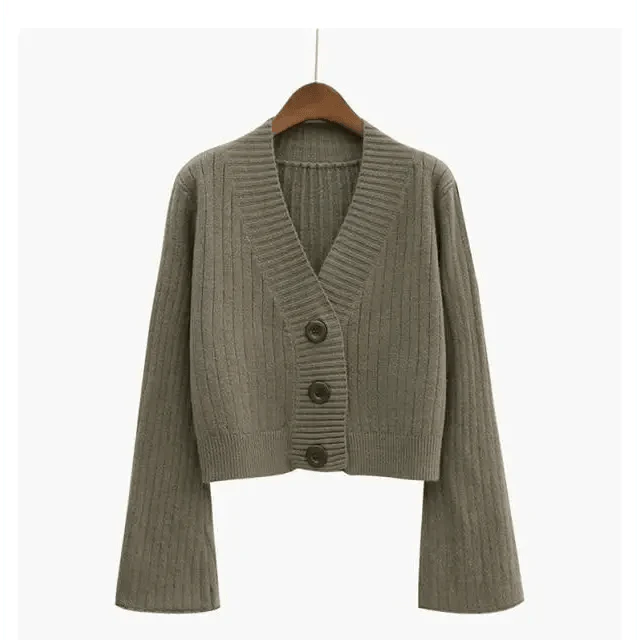 Women's Ribbed Knit Cardigan with Long Flare Sleeves, Black/White
