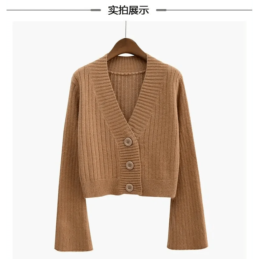 Women's Ribbed Knit Cardigan with Long Flare Sleeves, Black/White