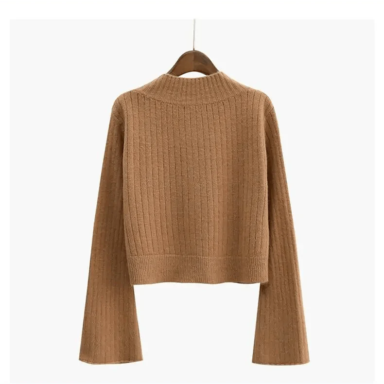 Women's Ribbed Knit Cardigan with Long Flare Sleeves, Black/White