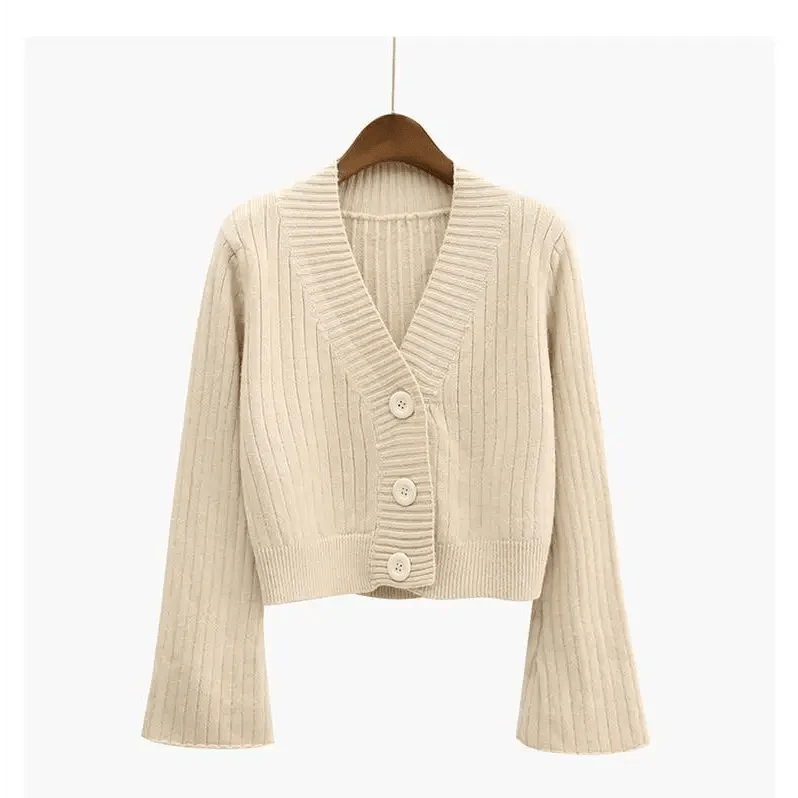 Women's Ribbed Knit Cardigan with Long Flare Sleeves, Black/White
