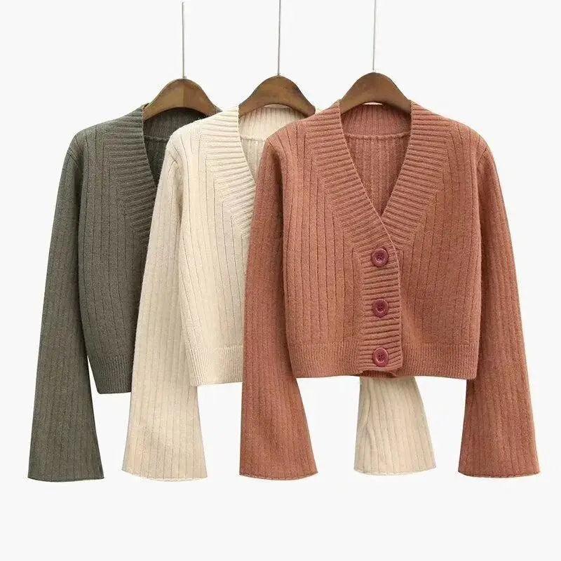 Women's Ribbed Knit Cardigan with Long Flare Sleeves, Black/White