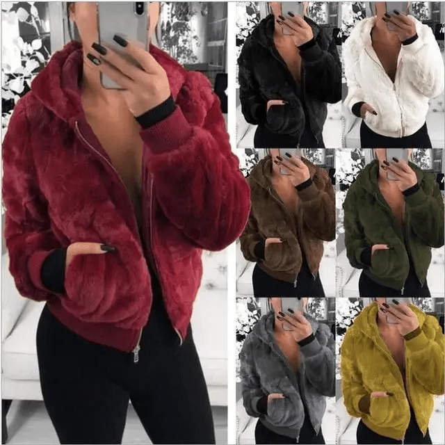Women's Faux Fur Hooded Coat with Asymmetrical Zip and Slim Fit