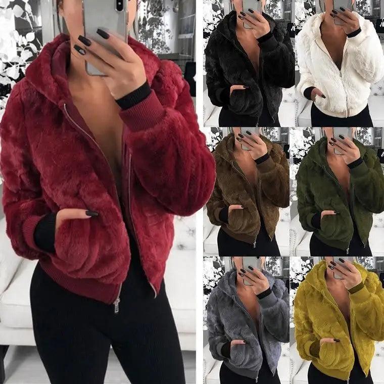 Women's Faux Fur Hooded Coat with Asymmetrical Zip and Slim Fit