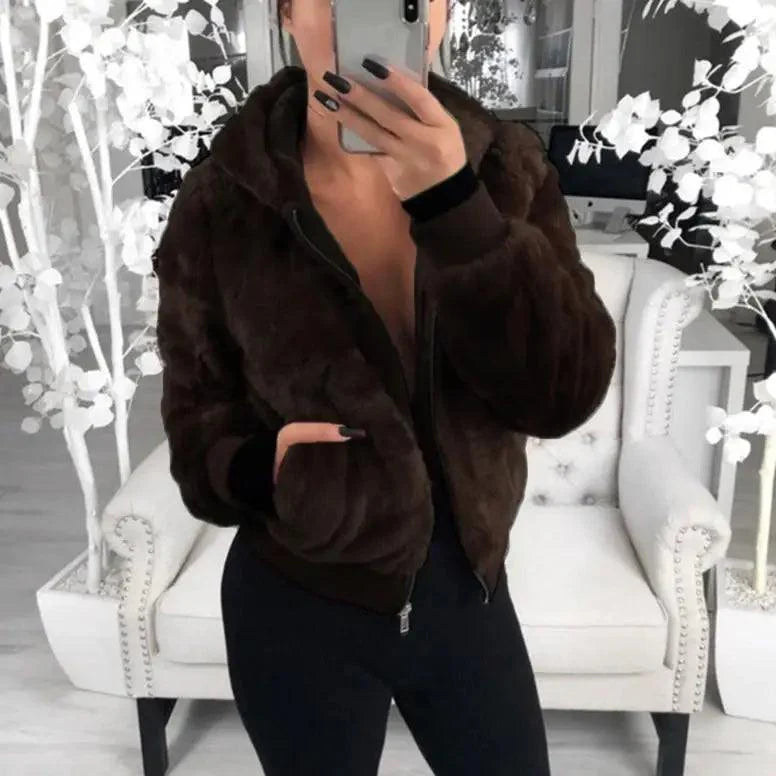 Women's Faux Fur Hooded Coat with Asymmetrical Zip and Slim Fit