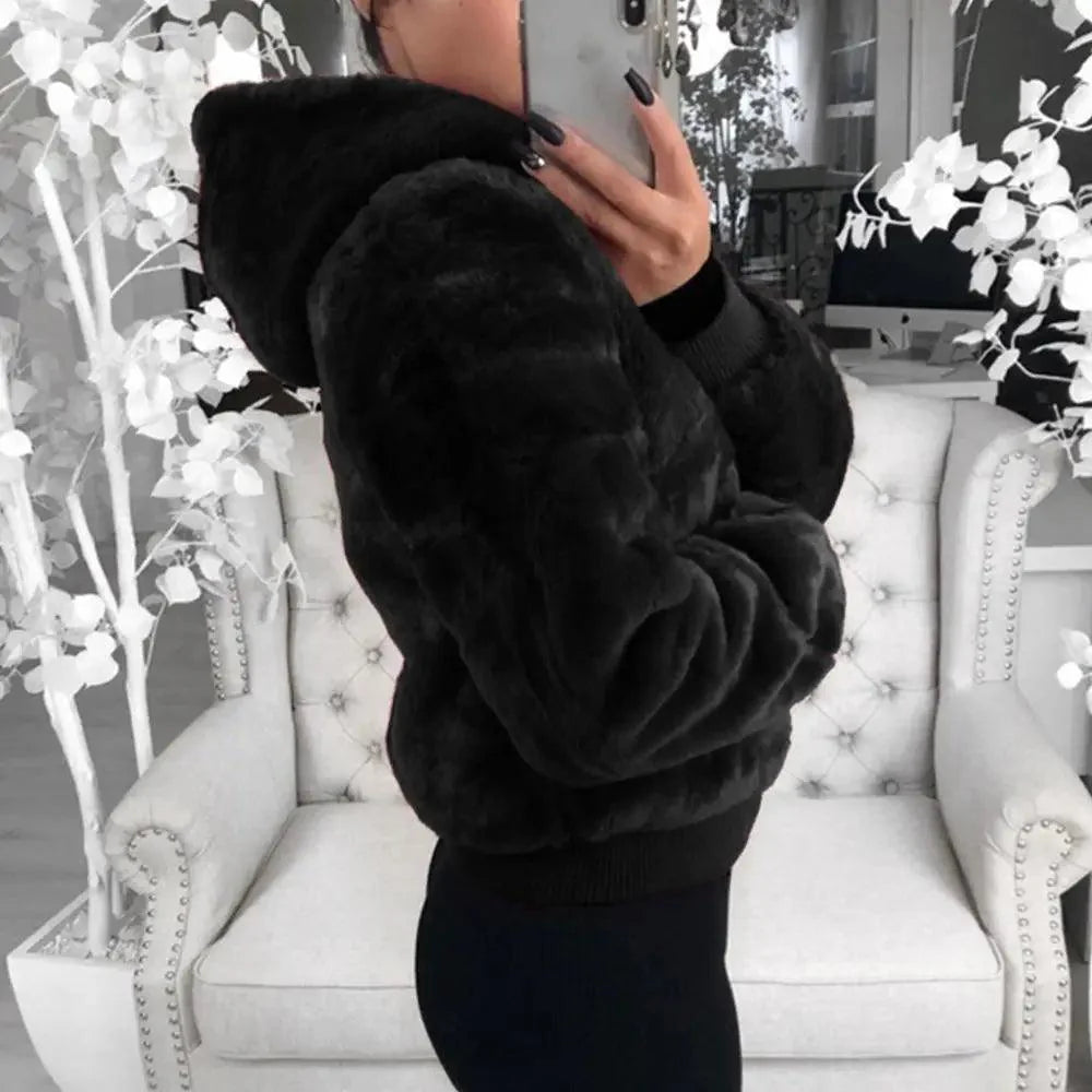 Women's Faux Fur Hooded Coat with Asymmetrical Zip and Slim Fit