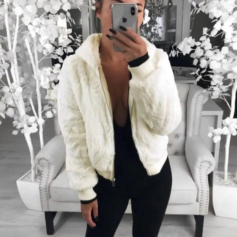 Women's Faux Fur Hooded Coat with Asymmetrical Zip and Slim Fit