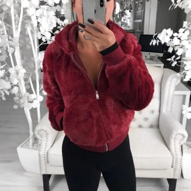 Women's Faux Fur Hooded Coat with Asymmetrical Zip and Slim Fit
