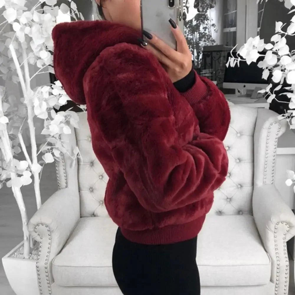 Women's Faux Fur Hooded Coat with Asymmetrical Zip and Slim Fit